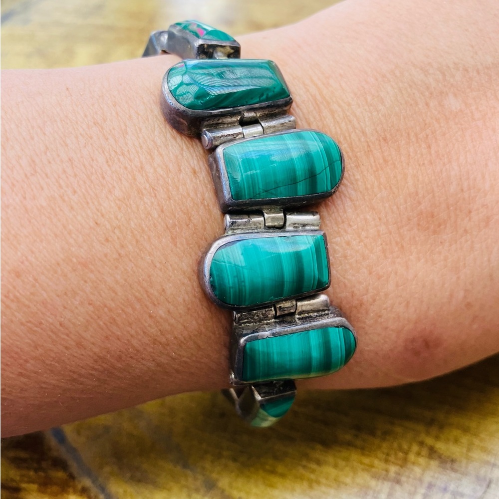 VTG Retro Taxco Mexico 950 Sterling Silver Malachite Inlay Modernist Bracelet 8”